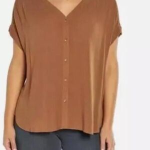 Orvis Women's Button Front Blouse Brown  Size  M‎ Short  Cap Sleeve Flowy Breezy